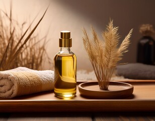 Fototapeta premium a bottle of golden oil is elegantly arranged on a wooden tray with a soft towel and dried grass this warm serene scene evokes a natural spa like relaxation
