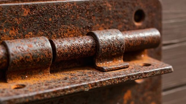 Rusty hinge on a wooden door with peeling paint