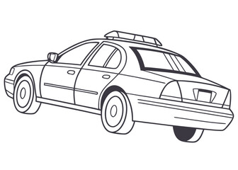 Fototapeta premium Police car line art, side view, clear outlines, lightbar on top, minimalist details, kids' activity page, pure white background