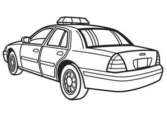 Fototapeta premium Police car line art, side view, clear outlines, lightbar on top, minimalist details, kids' activity page, pure white background