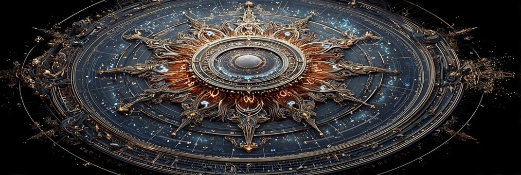 Fantasy cosmos chart with glowing zodiac signs and magnetic grid lines