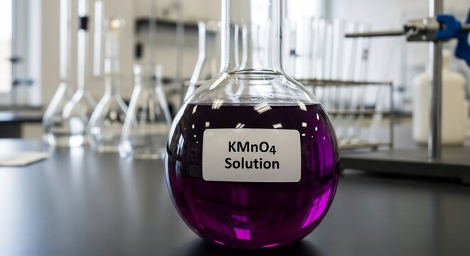 A round bottom flask filled with a purple potassium permanganate solution in a chemistry laboratory setting, close up view