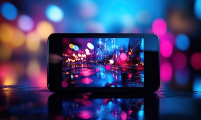 A smartphone displays a vibrant city scene with bright lights during the night. The wet street reflects various colors, creating a lively atmosphere