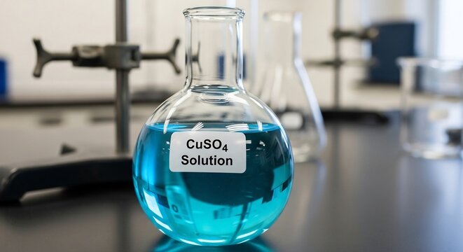 A round bottom flask filled with a blue copper sulfate solution in a chemistry laboratory setting, close up view