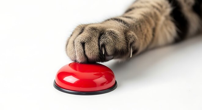 A domestic tabby cat's paw with claws extended, pressing a large shiny red push button