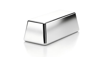 A solitary shiny silver bar ingot isolated on a reflective white background. 3d illustration