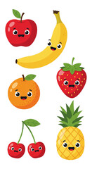 Ein liebevoll gestaltetes Set mit sechs fr&ouml;hlichen, lachenden Fr&uuml;chten auf transparentem Hintergrund - png