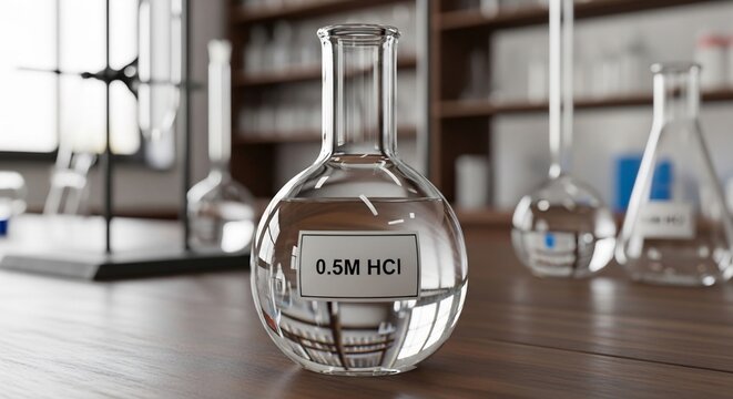Closeup of a transparent flask filled with 05 Molar hydrochloric acid solution in a laboratory setting for scientific research