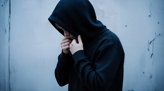 Young man hiding his face with hoodie and feeling sad outdoors - Powered by Adobe