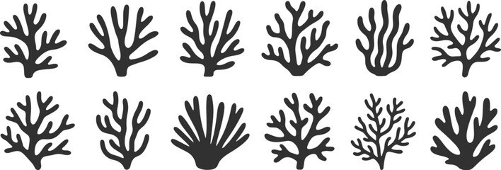 Hand drawn coral silhouette vector set, marine reef elements for underwater design, seaweed clipart, ocean plant icon, black coral illustration, ocean nature decor