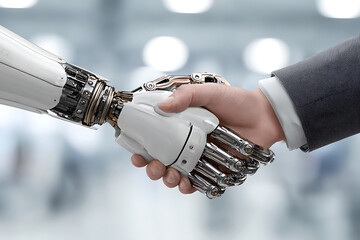 Human and robot handshake symbolizes future business collaboration and technological advancement in modern society