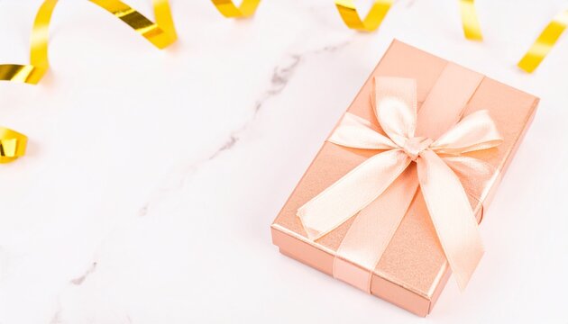 Elegant rose gold birthday gift box with a satin ribbon and golden streamers on a luxurious white marble background. - Powered by Adobe