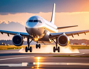 Airplane Takeoff at Sunset Airport Travel and Aviation