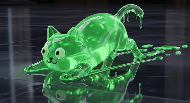 Green Slime Cat Illustration on Reflective Surface
