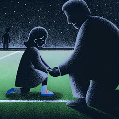 A father tying daughters shoelaces in the sports field