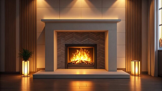 A cozy fireplace with warm flames creates a relaxing atmosphere in a modern living room, perfect for winter nights - Powered by Adobe