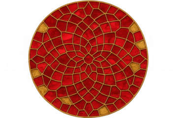 Intricate red mosaic tiles featuring gold grouting forming circular pattern, highlighting decorative design against transparent backdrop