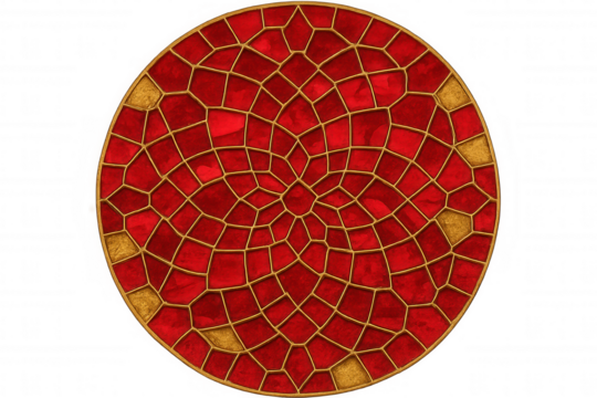 Intricate red mosaic tiles featuring gold grouting forming circular pattern, highlighting decorative design against transparent backdrop - Powered by Adobe