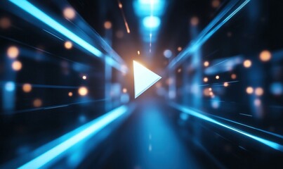 Bright lights fill a digital space, forming lines that lead toward a central play button symbol. The scene suggests movement and action within a futuristic setting
