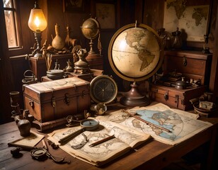 Vintage Explorer's Study with Globe, Maps, and Antique Instruments
