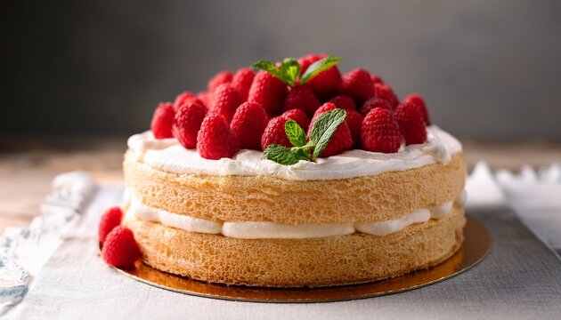 indulge in a deliciously crafted genoise cake topped with fresh raspberries and mint leaves