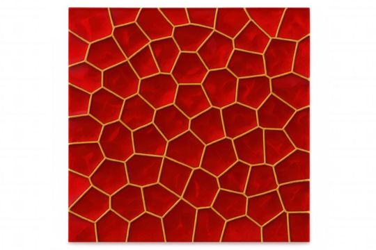 Golden veins interweaving across cracked deep-red surface, forming irregular geometric networks, creating abstract textural pattern with transparent background
