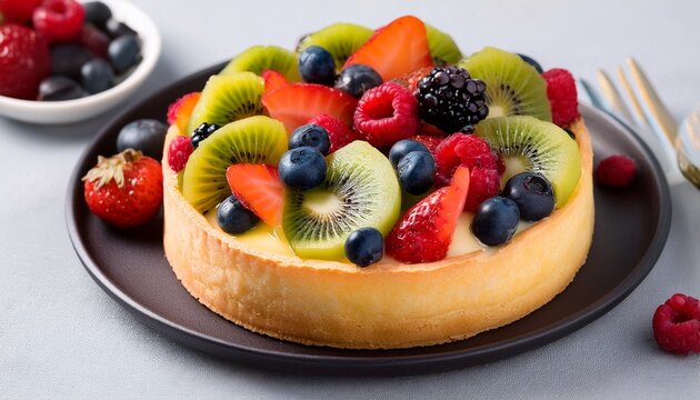 colorful fresh fruit tart with mixed berries and kiwi on custard base