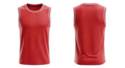 Front and back views of a red sleeveless athletic shirt or tank top, isolated on a white background, showcasing its design and texture.