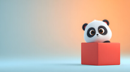 Cute panda peeks out its head from the red gift box