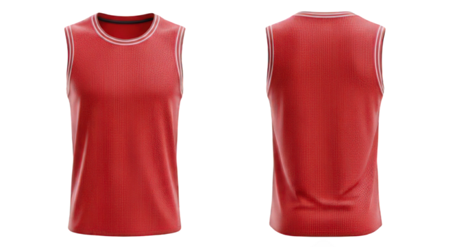Front and back views of a red sleeveless athletic shirt or tank top, isolated on a white background, showcasing its design and texture.