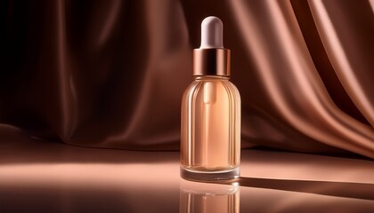 Naklejka premium minimalist nude toned serum bottle glowing with soft bronze lighting and satin reflections capturing elegance and purity in a refined aesthetic
