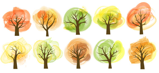 Colorful trees in shades of orange, yellow, and green illustrate the essence of autumn. This artwork captures the transition of leaves during the fall season in a lively watercolor style