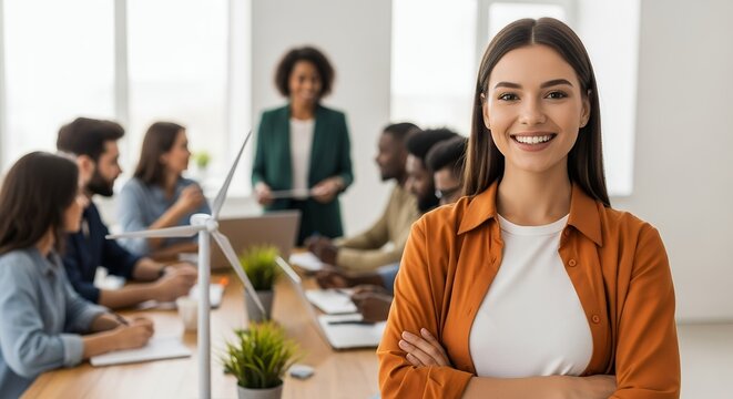 Diverse Team Collaboration Meeting with Smiling Woman Leader in Modern Office Environment for Sustainable Energy Project Success - Powered by Adobe