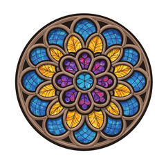 A detailed illustration of a round stained glass window featuring a colorful floral rosette design.