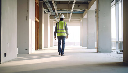 Architect walking modern building site.