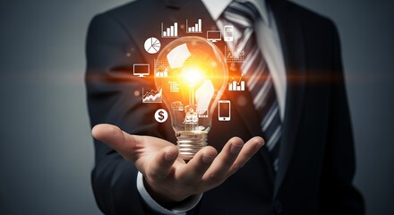 Innovative Business Solutions Concept Bright Idea with Charts and Graphs in a Businessmans Hand  Digital Transformation  Growth Strategy