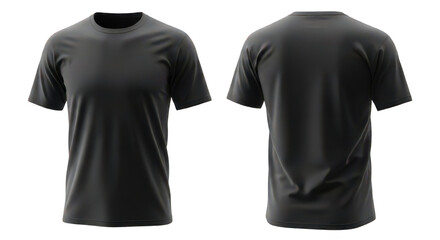 Front and back views of a plain black t-shirt, isolated on a white background, showcasing the garment's design and fit.