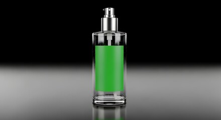 Fototapeta premium Clear Spray Bottle with Green Label on Black Reflective Surface