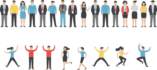 Business people in formal attire, casual poses, professional and personal contrast, corporate diversity, team dynamics, office lifestyle, animated characters