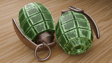4K Two green hand grenades on an oak table
