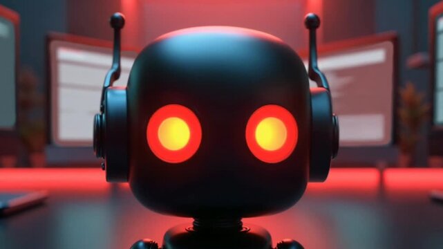 Matte Black Retro Robot Head with Neural Headset in AI Trading Terminal &ndash; Futuristic Finance Animation Clip