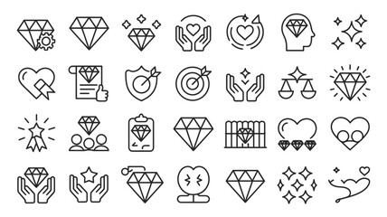 Photo of collection of diamond and heart icons isolated on white background