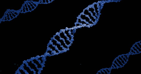 Spinning central DNA helix floating in molecular space, with glowing particle specks, blue strands