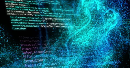 Displaying code and flowing data stream in software workspace, with glowing particles