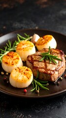 Grilled steak and scallops on dark plate