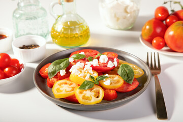 Sliced fresh tomato salad with basil leaves sprinkled with feta cheese