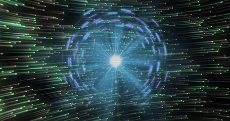 Radiating light from central orb in virtual data field, with segmented rings and glowing streaks