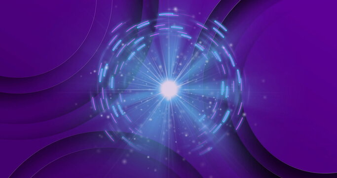 Glowing turquoise-blue orb emitting radial beams over purple cutouts, with rotating rings, sparkles