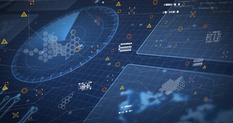 Displaying holographic chart with hex clusters and warning icons over digital grid, copy space