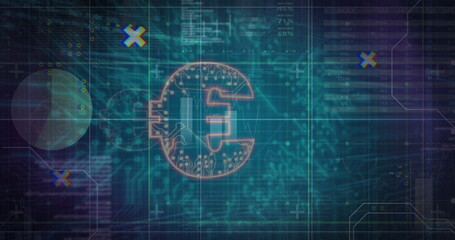 Displaying circuit-patterned euro symbol in digital dashboard, with grid overlay and data streams